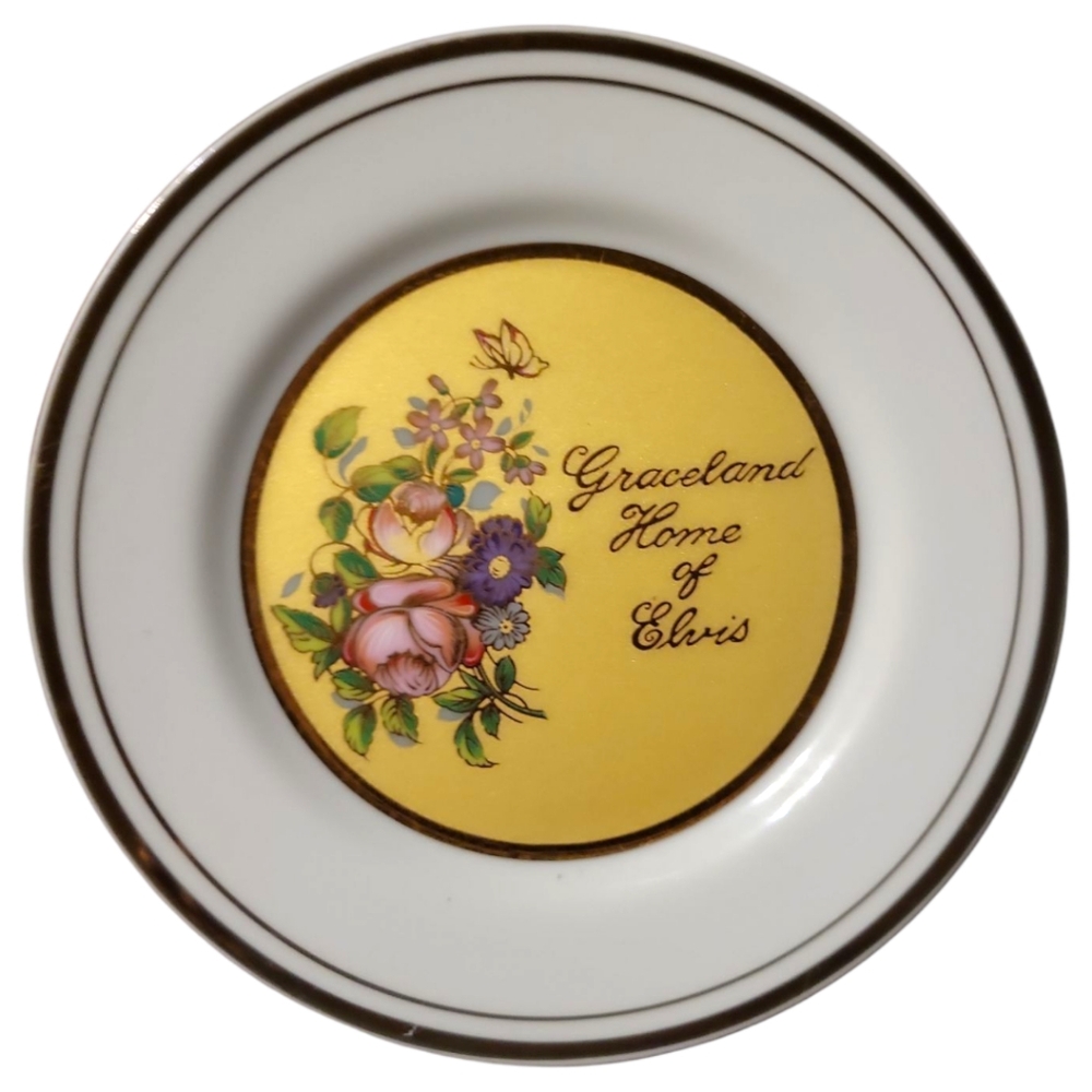 Vtg Elvis Plate Graceland Home Gold Accents 6" Collectors Plate Flowers